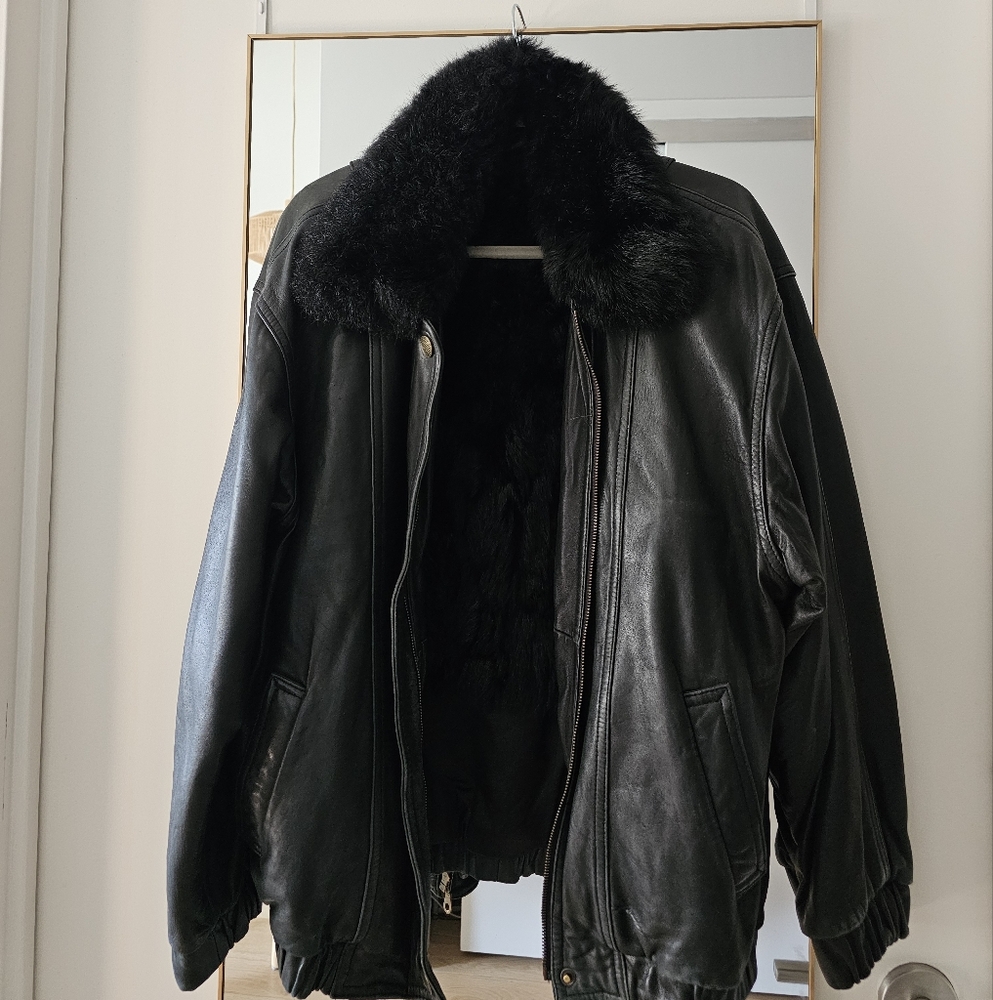 Black Leather Bomber Jacket with Removable Fur Collar and Vest